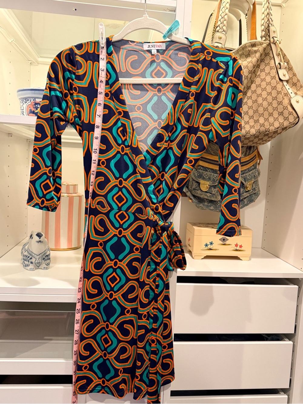 JustFab Teal & Orange Geometric Wrap Dress
